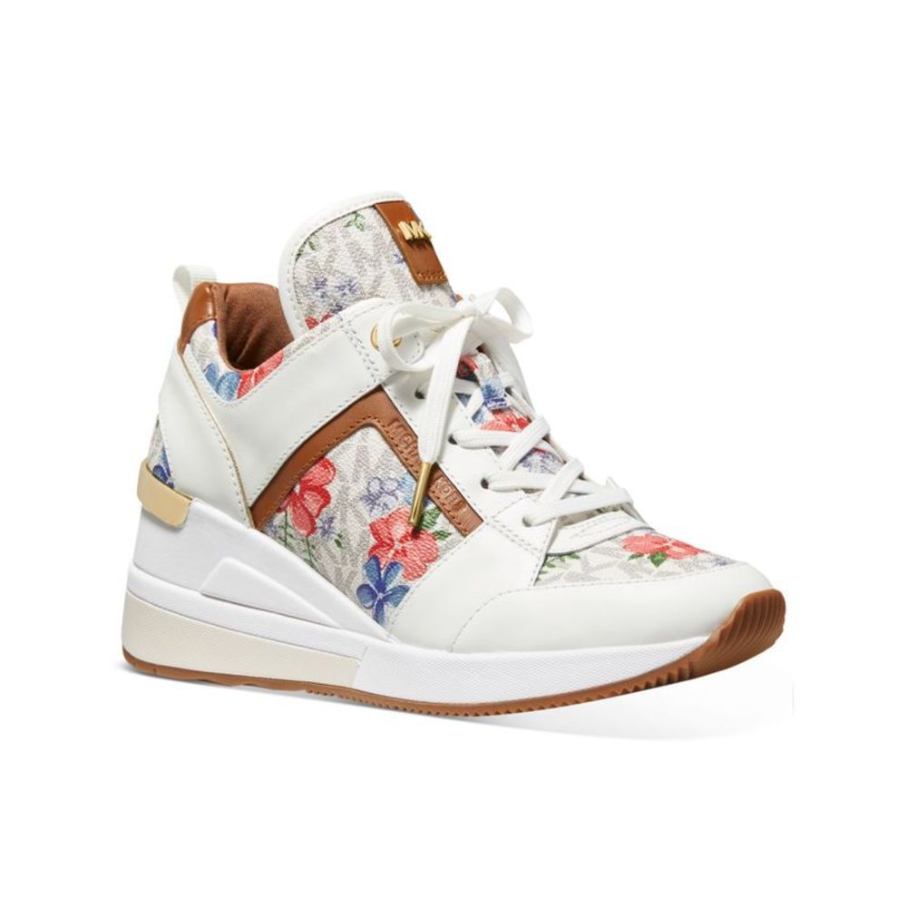 Michael Kors White Floral Leather Wedge Sneakers with Brown Accents